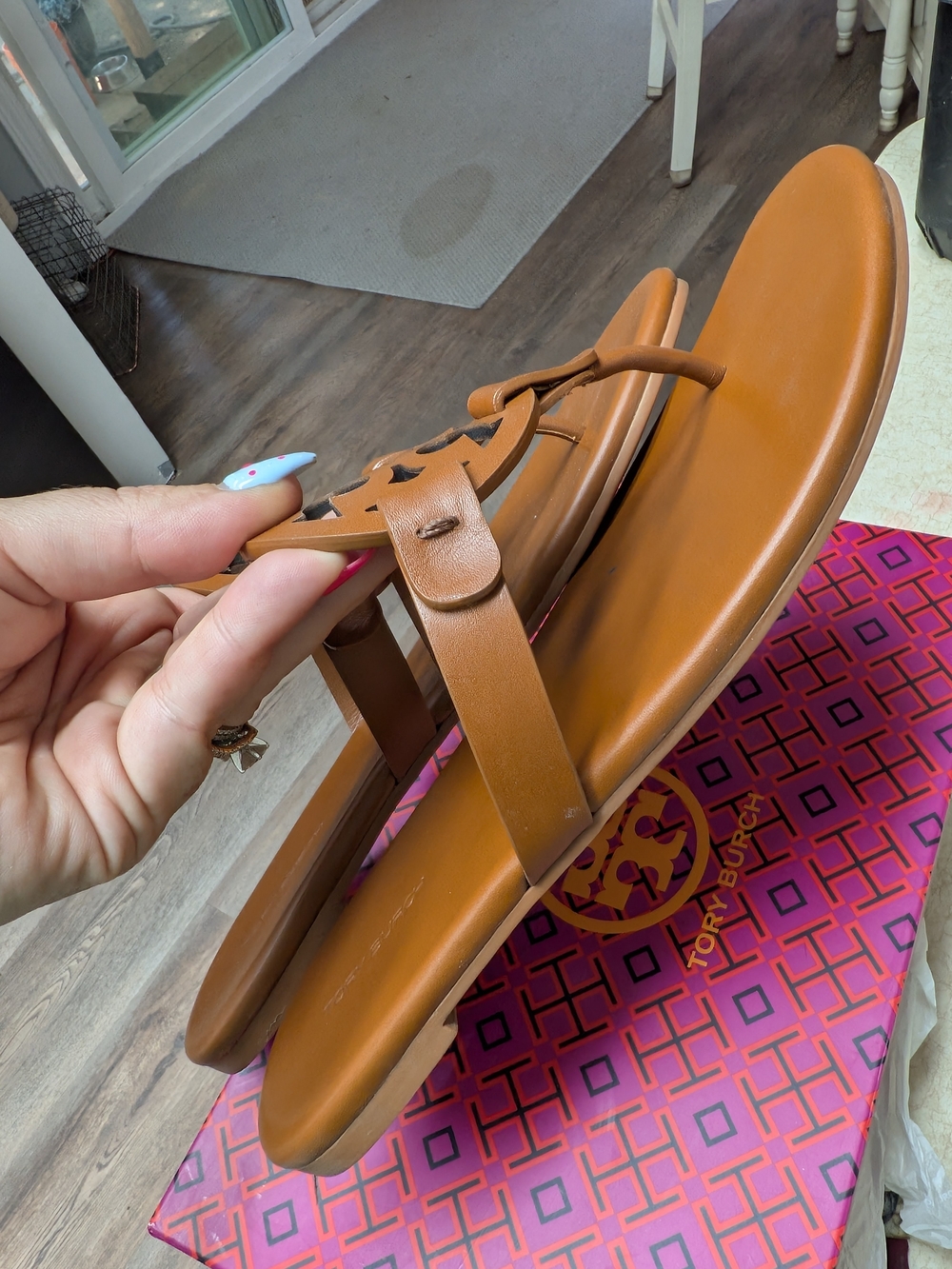 Tory Burch Miller Logo Thong Sandals in Bourbon Brown - Picture 3 of 4